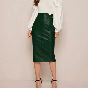 Notched Waistband Button Front PU Leather Skirt